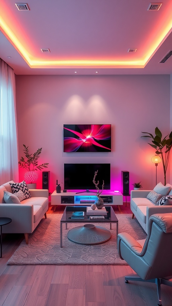 A vibrant living room featuring neon lighting with modern furniture and décor.