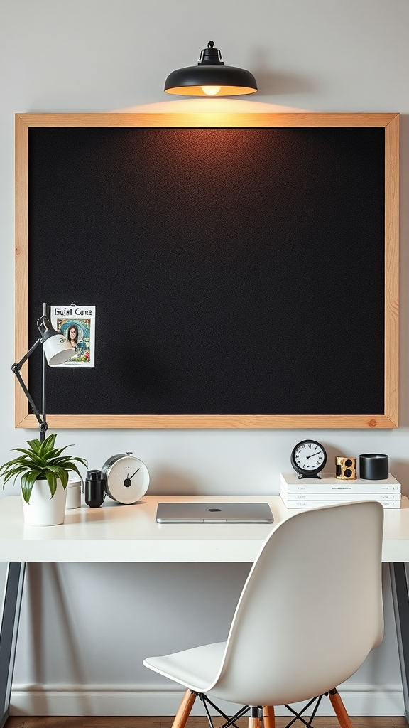 A stylish workspace featuring a wooden desk, a red chair, and a corkboard filled with motivational quotes.