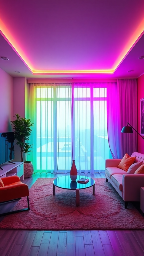 A vibrant neon living room with colorful lighting and modern furniture.