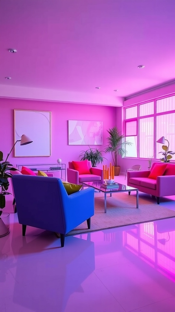 A vibrant living room featuring bright pink and blue seating with modern decor.