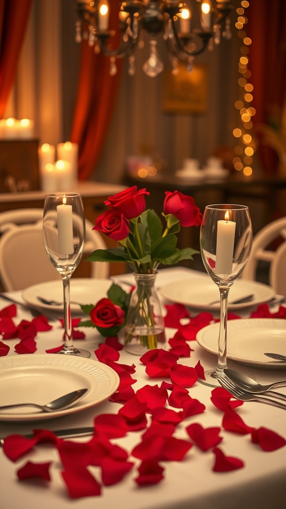 A romantic Valentine's Day table setting with rose petals, candles, and fresh flowers.