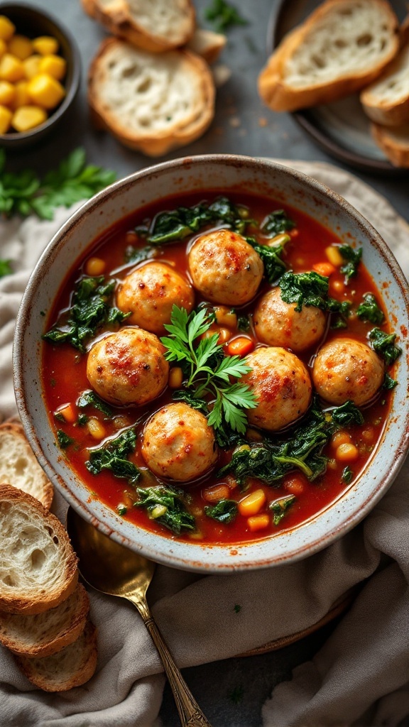 Bowl of Italian Wedding Soup with meatballs and greens