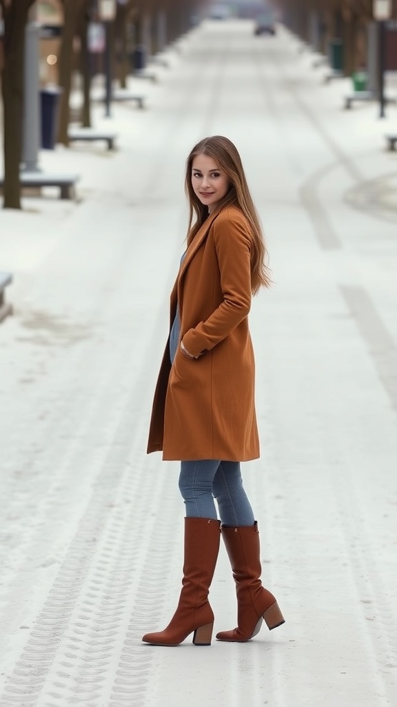 A woman wearing a cozy sweater dress and knee-high boots in a snowy street