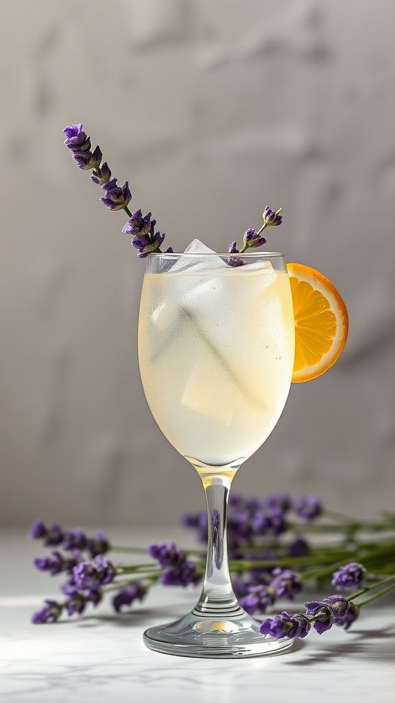 A Lavender Tequila Collins cocktail in a glass with ice, orange slice, and lavender sprigs