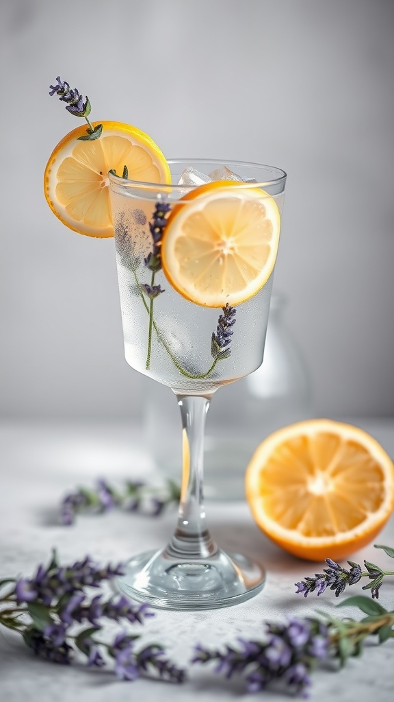 Lavender Vodka Collins cocktail with lemon slices and lavender sprigs