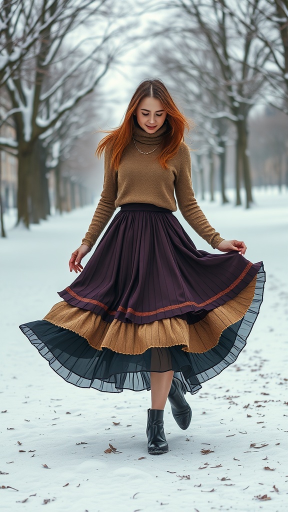 A woman wearing a layered midi skirt and warm top walking through a snowy area.