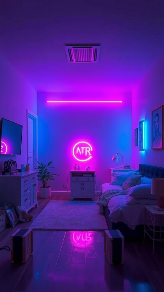 A neon-lit bedroom featuring pink and blue lighting effects.