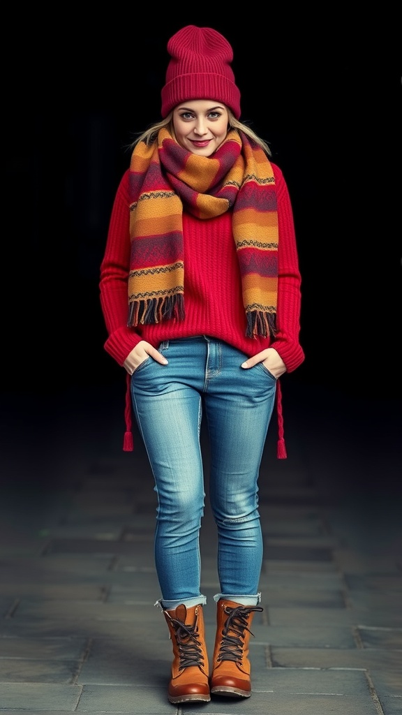 A woman wearing a red sweater, scarf, jeans, and knee-high boots, posing in a winter setting.