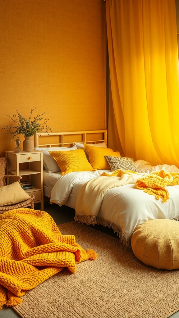 A bright yellow-themed bedroom featuring layered textures with various blankets, pillows, and decor.