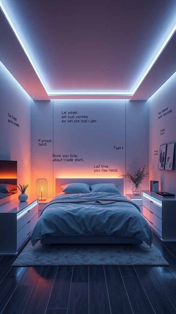 A modern bedroom with LED strip lighting in blue and orange hues.