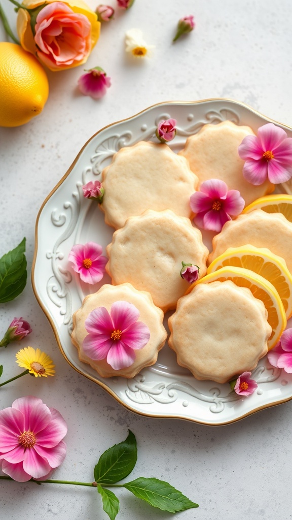 A plate of lemon and rosewater infused cookies decorated with flowers and lemon slices.