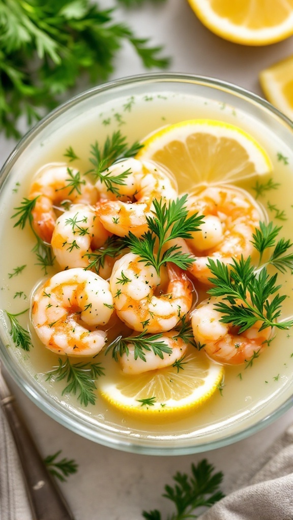 A bowl of Lemon Dill Shrimp Soup garnished with lemon slices and dill.