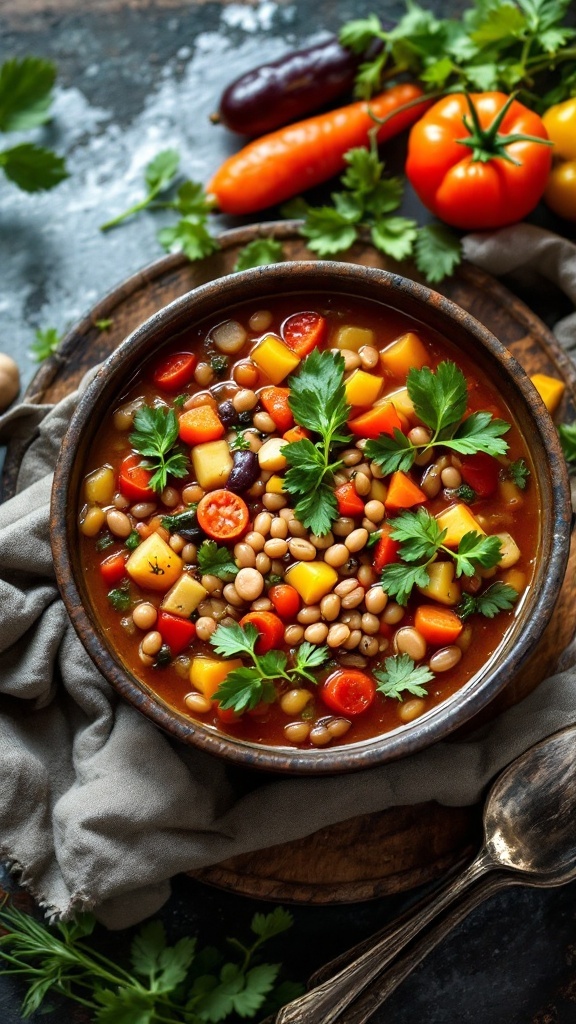 A bowl of colorful lentil and vegetable soup garnished with parsley, surrounded by fresh vegetables.