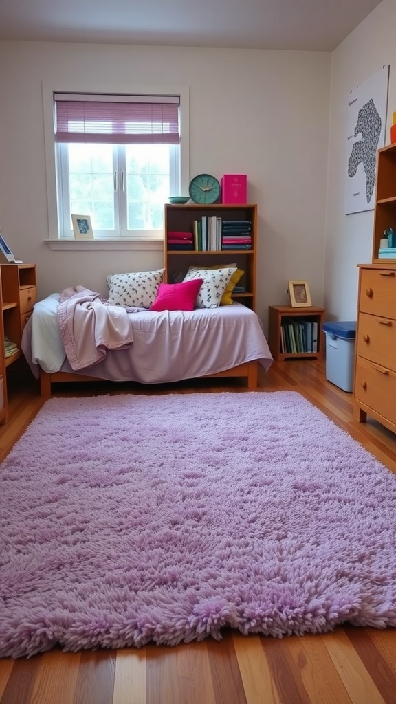 A cozy dorm room featuring a plush lilac rug on wooden floor, with a bed and wooden furniture.