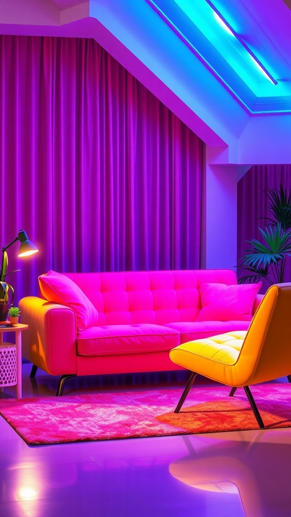 A vibrant living room with a pink sofa, yellow chair, and colorful lighting