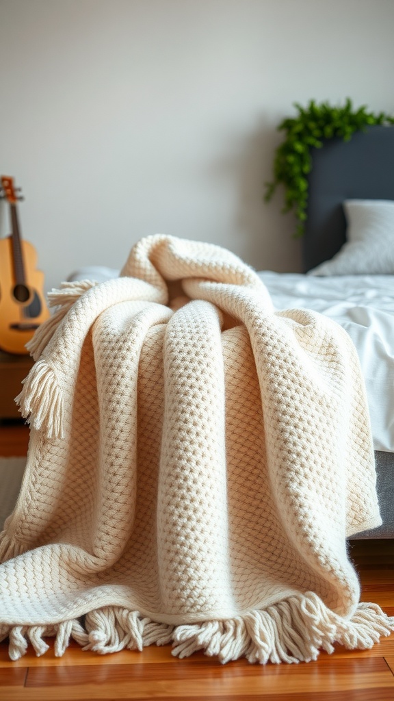 A cozy cream throw blanket draped over a bed, with a guitar and plant in the background