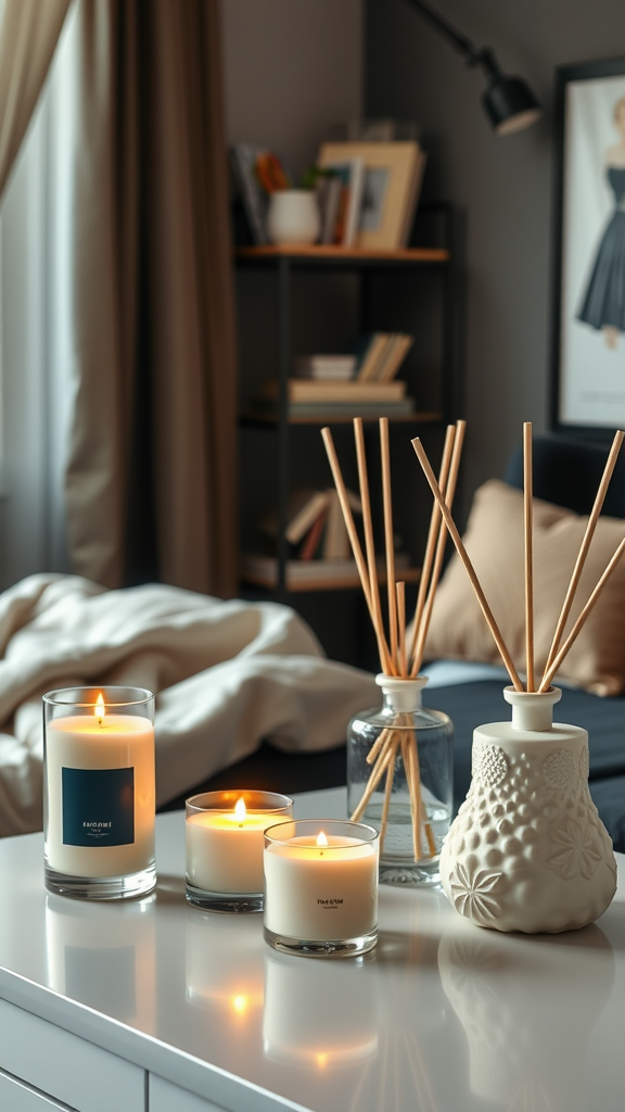 A cozy dorm room setting with candles and reed diffusers on a bed.