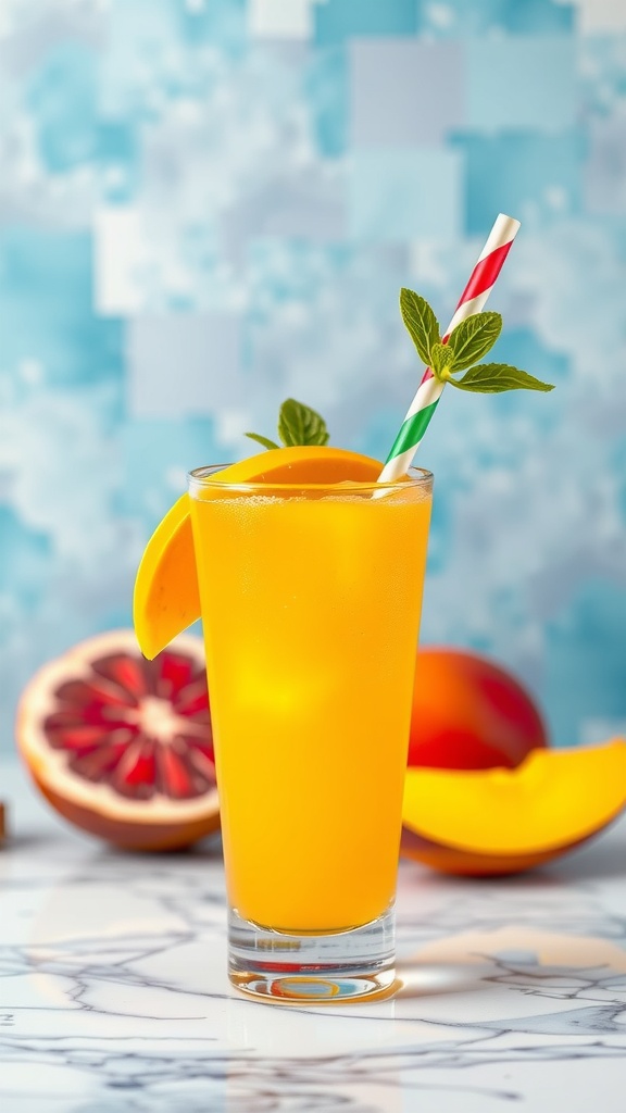 A refreshing Mango Passion Tequila Delight cocktail with a slice of mango and mint garnish