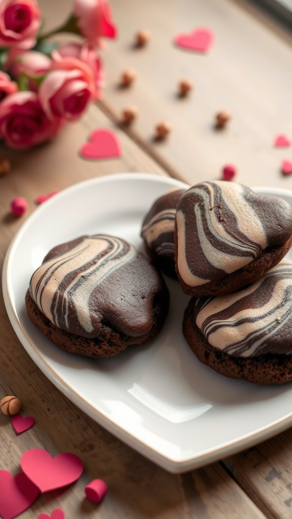 Marble Frosted Brownie Cookies on a plate, decorated for Valentine's Day