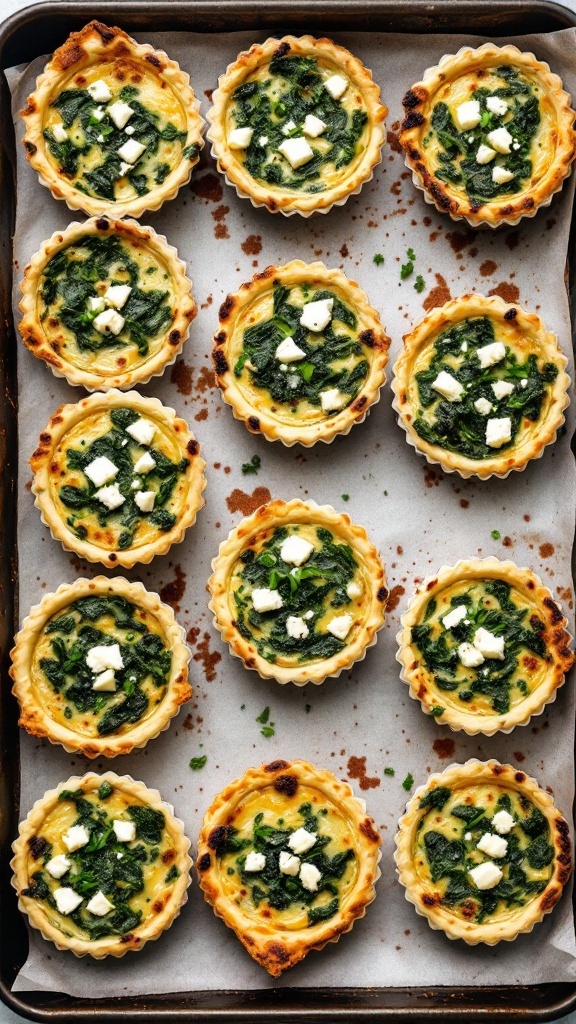 Mini quiches with spinach and feta in a baking tray.