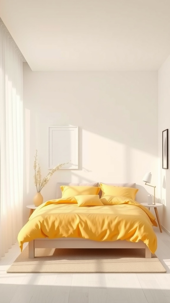 A minimalist yellow bedroom featuring a yellow bedspread and neutral decor.