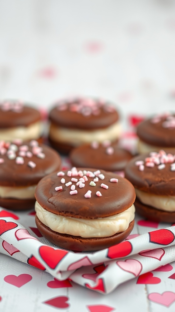 Mint chocolate cookie sandwiches with pink sprinkles