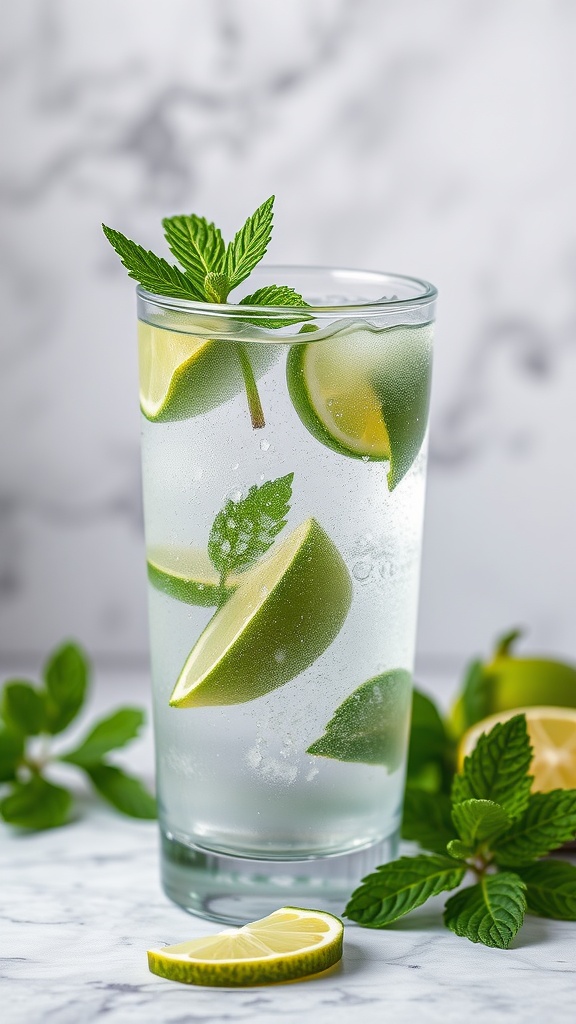 A refreshing Minted Lime Vodka Cooler cocktail with mint and lime garnishes.