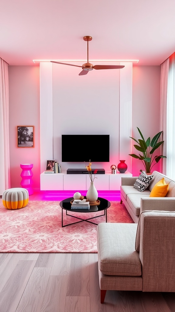 A vibrant living room featuring a neon sign and neutral tones