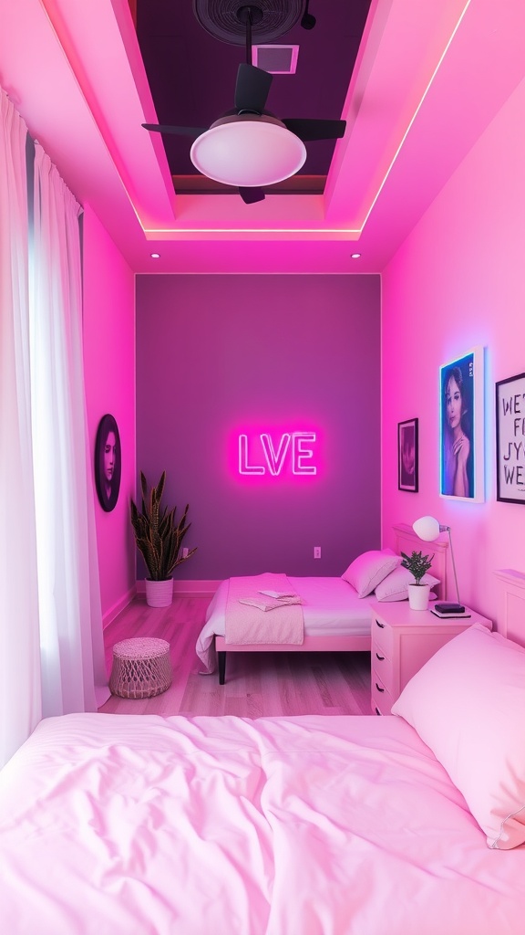 A modern bedroom featuring soft pastel colors and a vibrant neon sign.