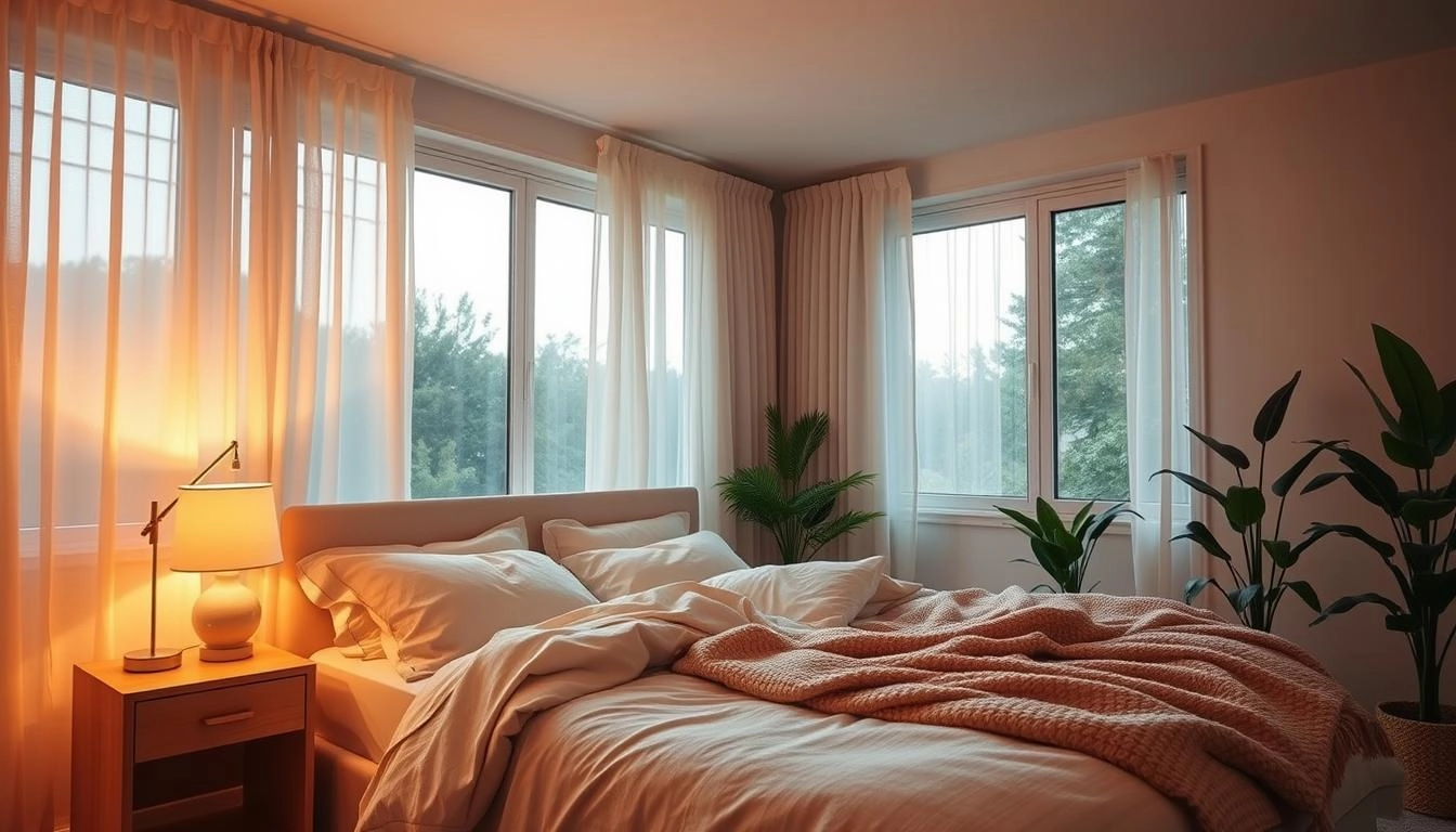 Serene bedroom with soft natural light through large windows, warm bedside lamps, sheer curtains, and plush textured bedding, featuring minimalist decor and plants for tranquility.