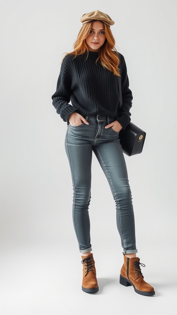 A young woman in a dark sweater, fitted jeans, and knee-high boots, styled with a hat, showcasing a monochrome winter look.