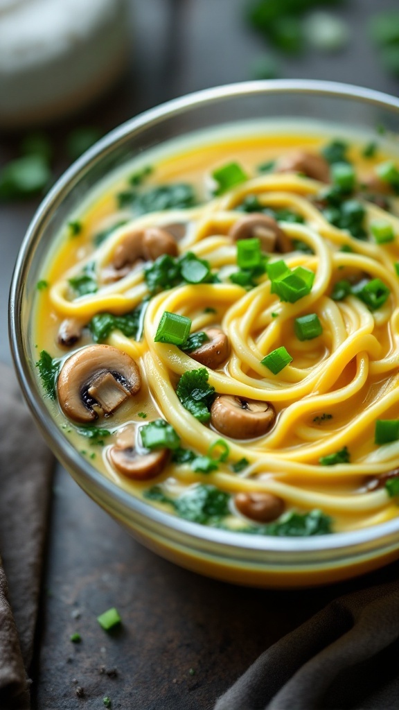 A bowl of Mushroom and Spinach Egg Drop Soup with mushrooms and green onions.