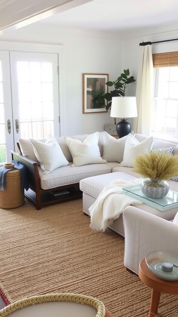 Coastal living room with natural fiber textiles, featuring a light sofa, earthy rug, and plants.