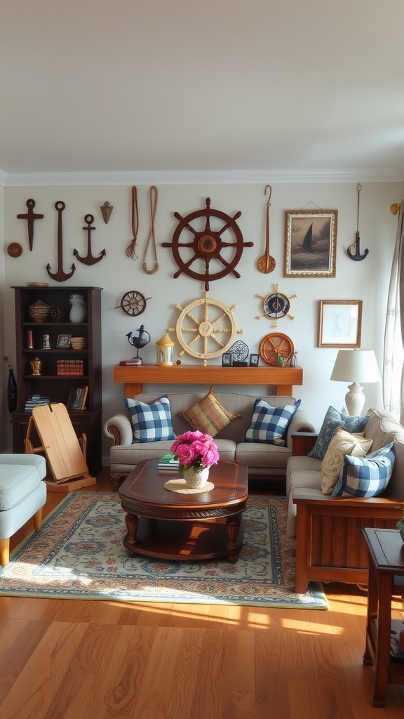  Coastal Decor Ideas: Cozy living room with nautical accents, featuring a wall decorated with anchors and a ship's wheel, wooden furniture, and blue checkered pillows.