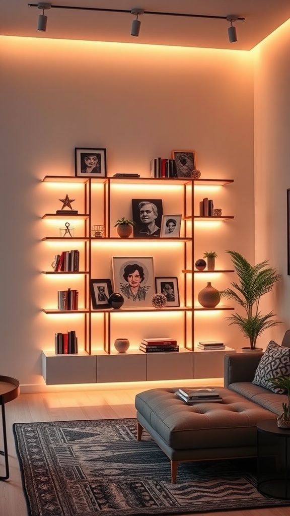 Modern living room with neon-lit shelving units showcasing books and framed pictures