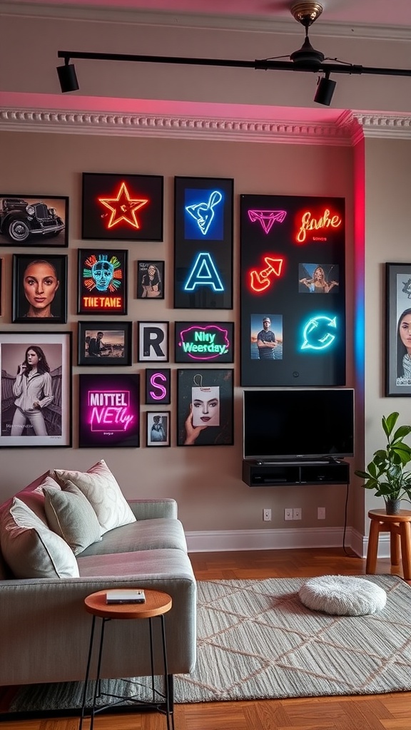 A living room with a vibrant neon gallery wall featuring various neon signs and framed images.