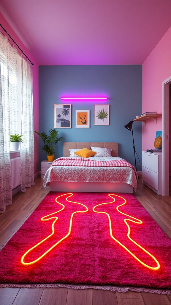 A bright pink rug with neon-like patterns in a stylish bedroom