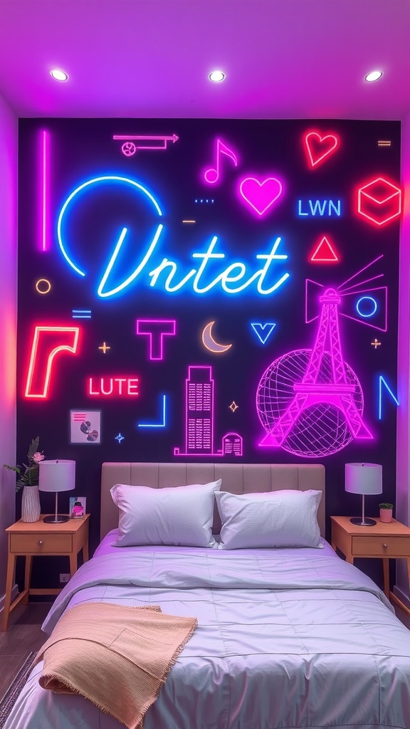 A bedroom with a vibrant neon wall mural featuring various colorful designs and symbols.