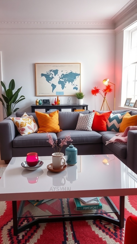 A vibrant living room featuring a neon-themed coffee table with colorful decorations.