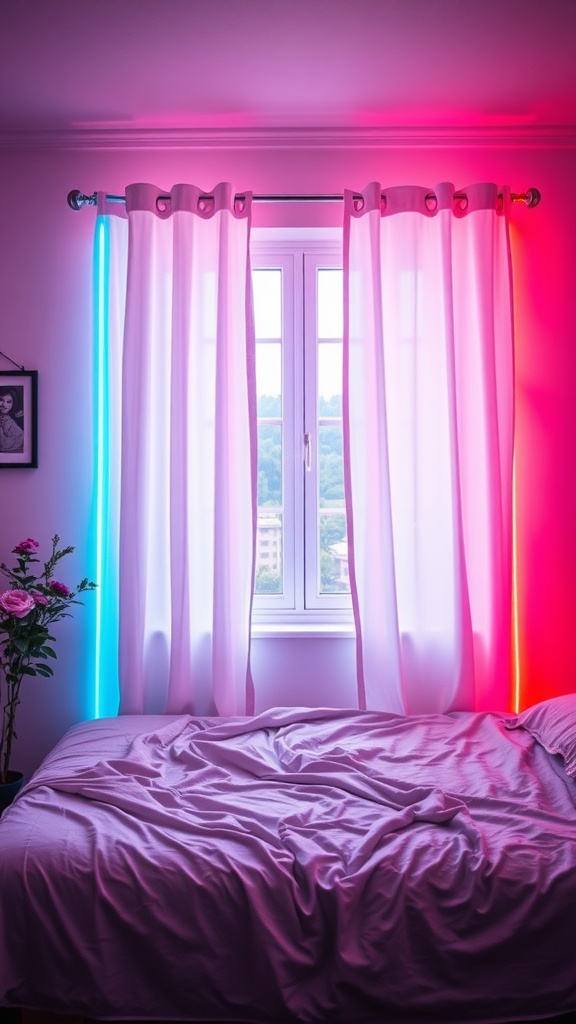 A bright and colorful bedroom featuring neon-themed curtains in blue and pink beside a window.