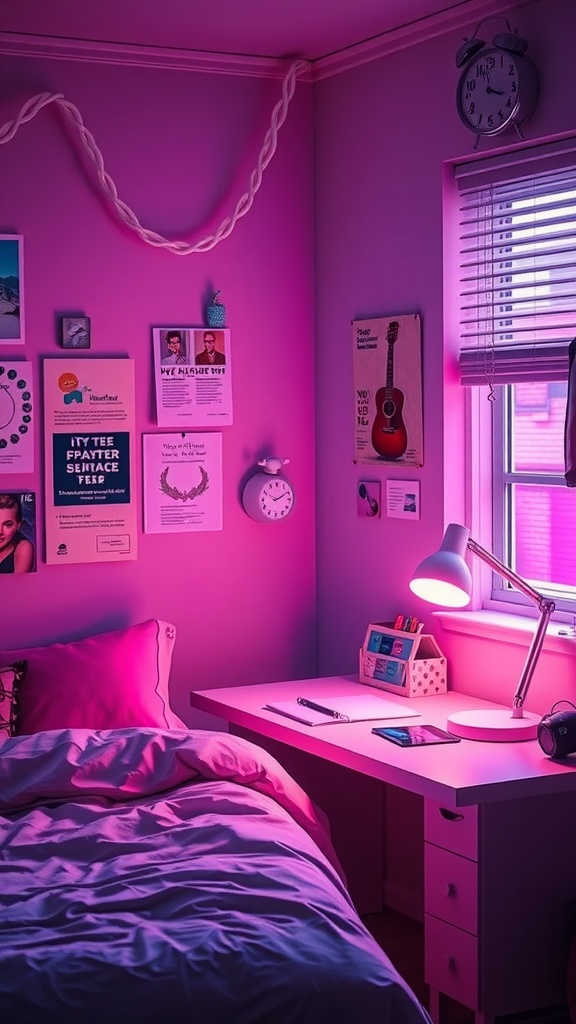 A neon-themed study space with pink lighting, a desk with study materials, and decorated walls.