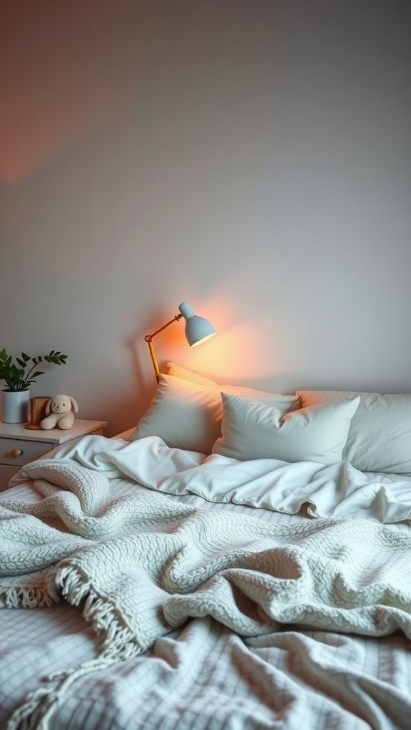 A cozy bedroom with soft bedding, a stylish lamp casting warm light, and a teddy bear on a bedside table.