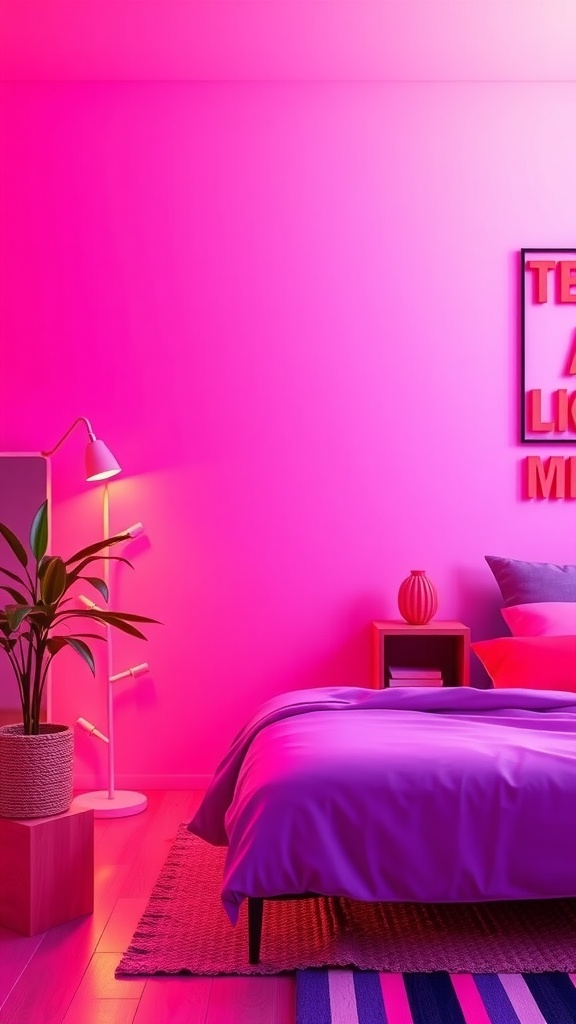 A vibrant bedroom featuring pink walls, cozy bedding, and stylish decor.