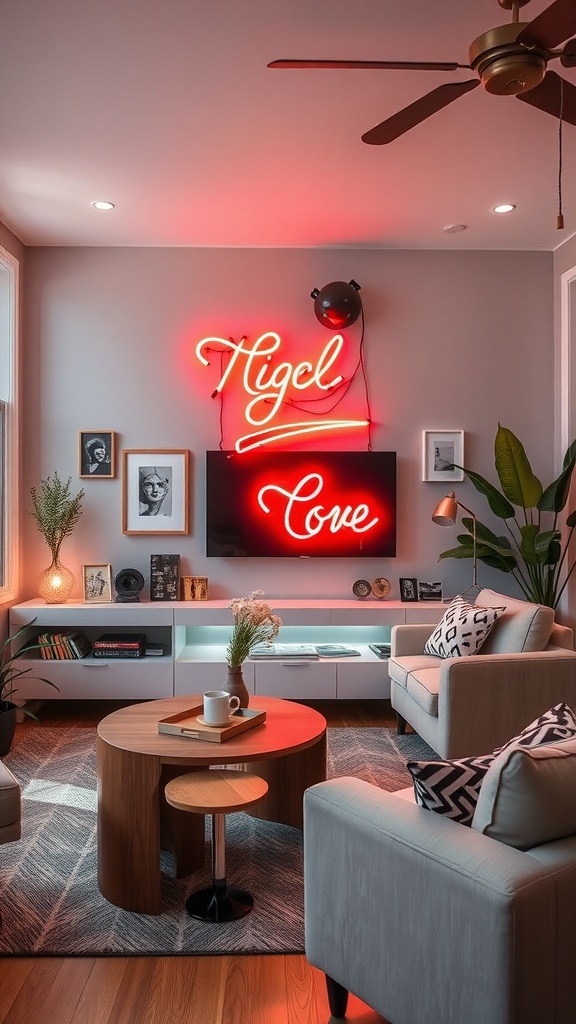 A vibrant living room featuring neon signs on the walls, creating a retro atmosphere.