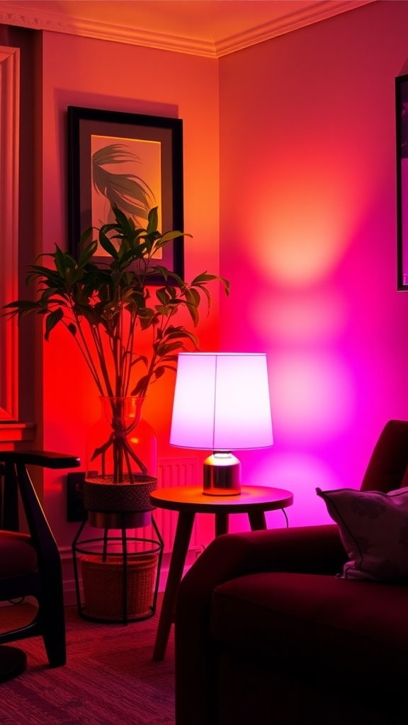 Cozy living room with neon lamps creating a warm glow.