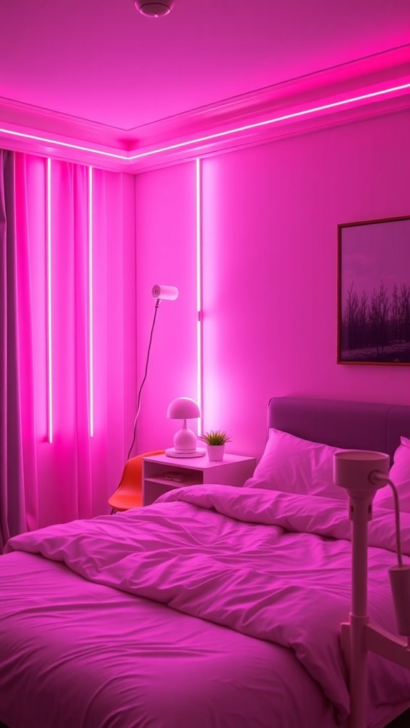 A pink neon-lit bedroom featuring a bed, bedside table, lamp, and decorative elements.