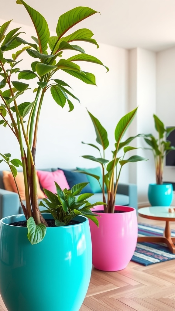 Brightly colored neon plants in stylish pots enhancing a modern living room.