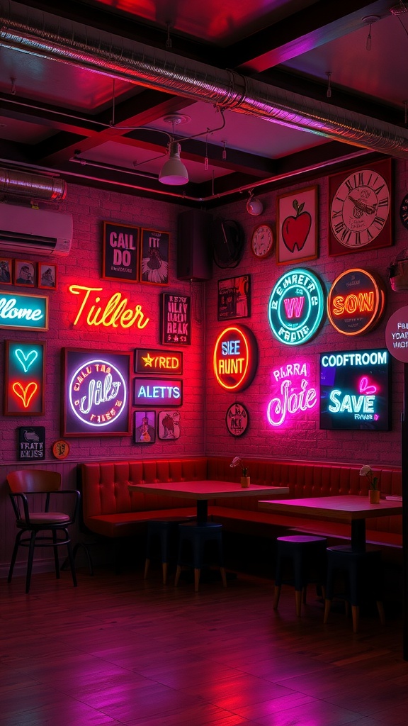 A cozy room featuring various neon signs on the wall with colorful lighting