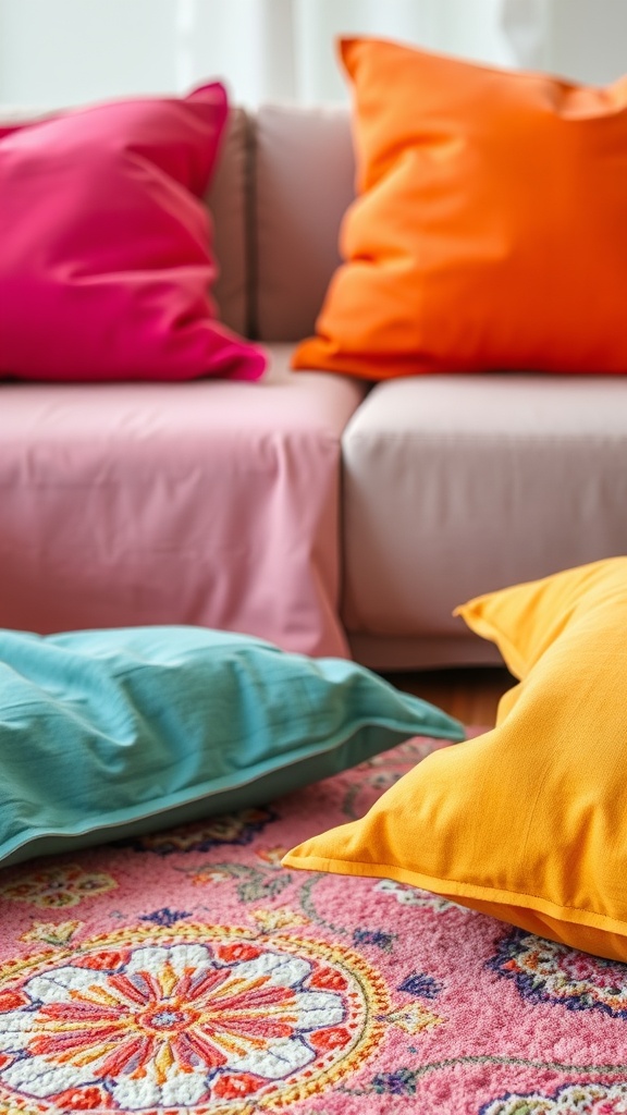 Colorful throw pillows and a vibrant rug in a living room