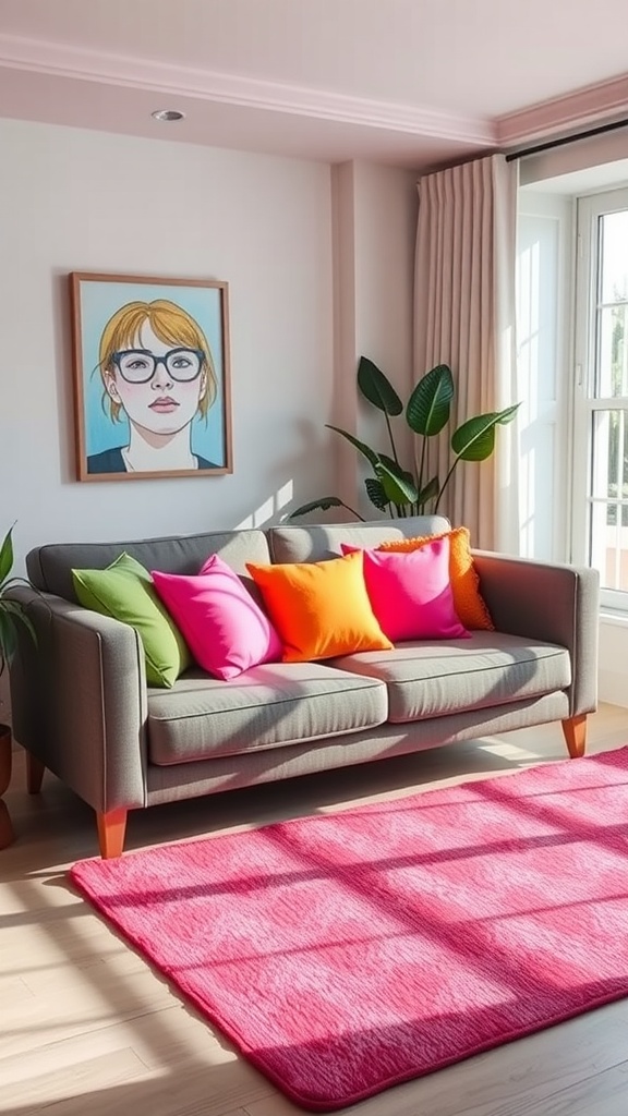 A cozy living room with a gray couch adorned with colorful neon throw pillows, complemented by a vibrant pink rug.